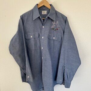 Vtg 60s 70s BIG MAC Chambray Selvedge Shirt Sz M Chain‎ Stitch Hand Embroidered